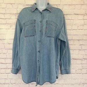 Liz Wear denim rhinestones embellished long sleeve shirt size medium